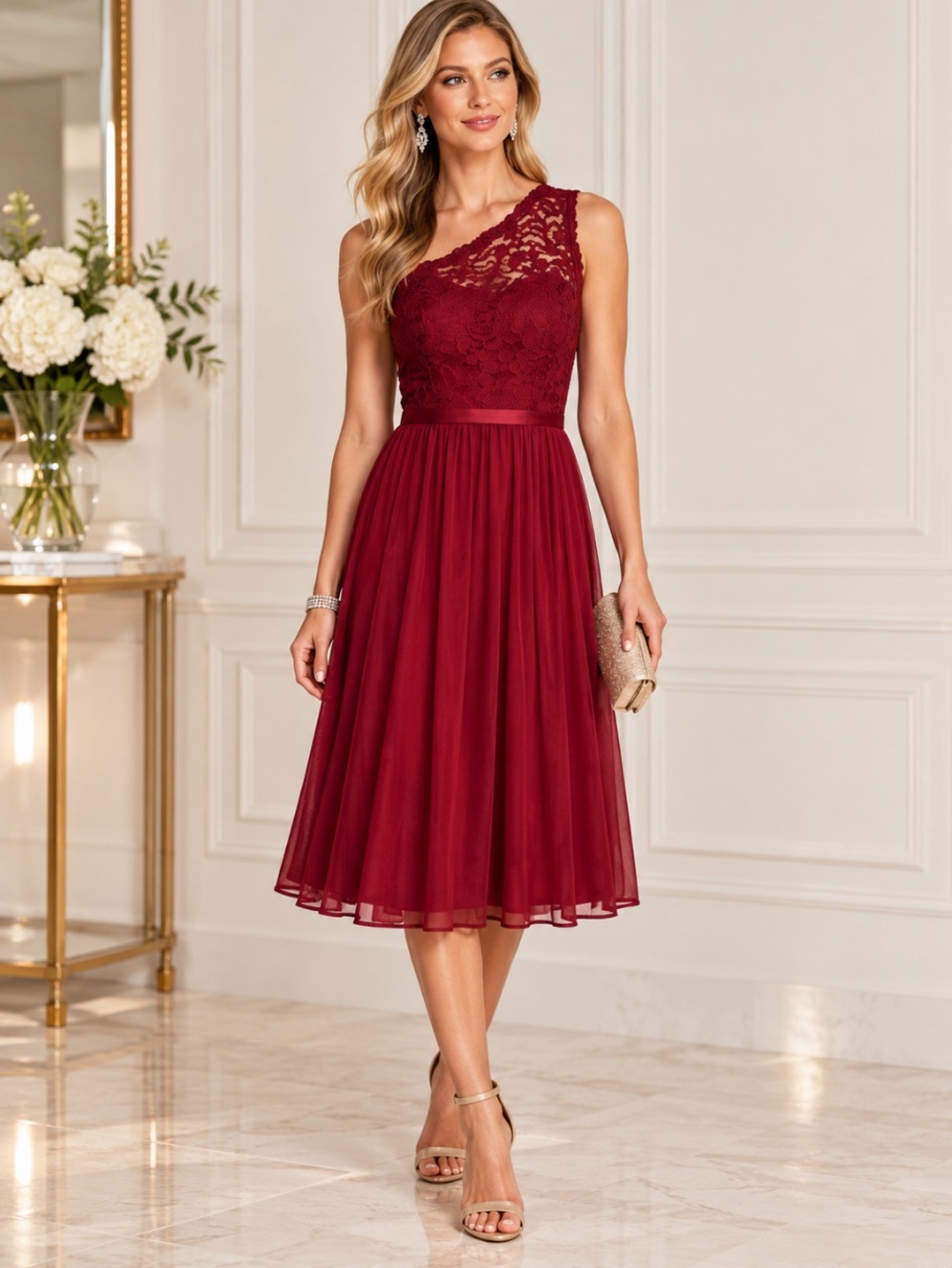 David's Bridal Size 10 Burgundy One Shoulder Lace Dress - Wine Red Chiffon